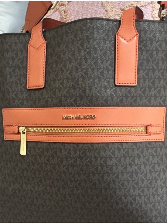 Michael Kors Handbags - Michael Kors Brown MK Monogram Tote with Orange Trim